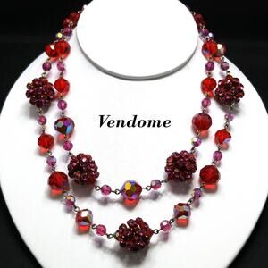 Vendome Red Crystal Cluster Rhinestone Balls Necklace, Two Strands, 1950s